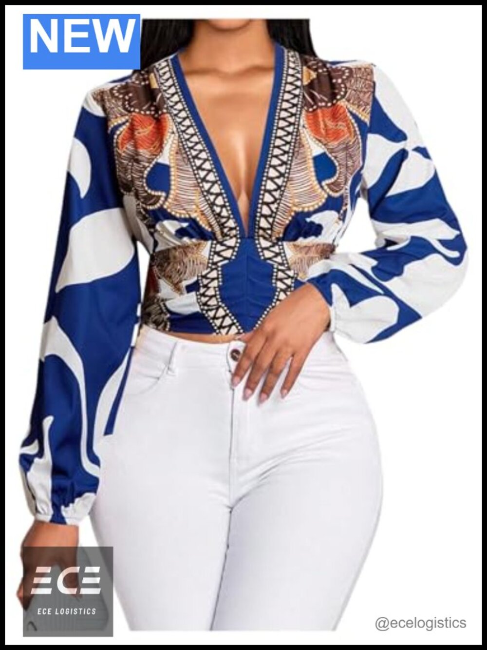 Boho Graphic Deep V Neck Cinched Waist Bishop Sleeve Blouse Top
